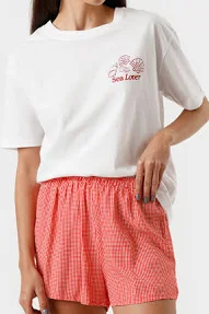 pijama short doll feminino de algodão lagosta xadrez vermelho